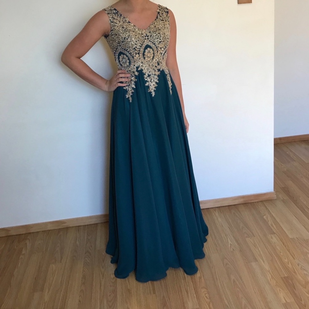V-Neck Gold Embroidered Chiffon A-Line Gown